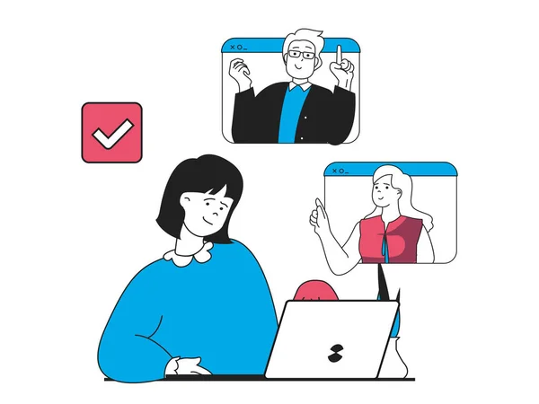 Freelance concept with character situation. Woman works on laptop with team remotely and communicates with colleagues in video conference. Illustrations with people scene in flat design for web