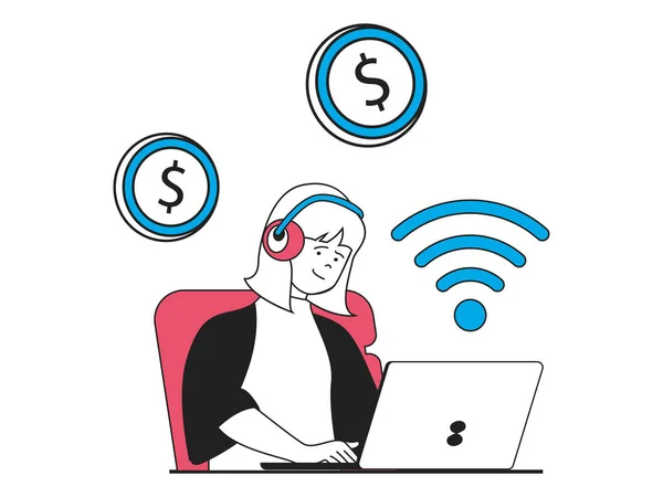 Freelance concept with character situation. Woman freelancer in headphones works at laptop and earns money on Internet from home office. Illustrations with people scene in flat design for web