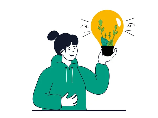 キャラクターの状況と緑のエネルギーの概念 緑の葉を持つ電球を保持する女性 環境に優しい技術と自然保護 ウェブのためのフラットデザインの人々のシーンとイラスト — ストック写真