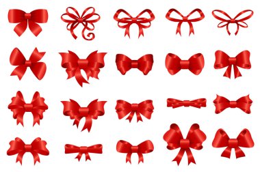 Red bows set graphic elements in flat design. Bundle of different types of decorative silk or satin bows for gifts, wrapping invitation and decorating presents. Vector illustration isolated objects