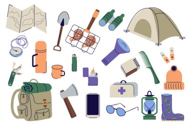 Camping set graphic elements in flat design. Bundle of map, shovel, grilled meat, binoculars, tent, compass, thermos, mug, lighter, flashlight, matches and other. Vector illustration isolated objects