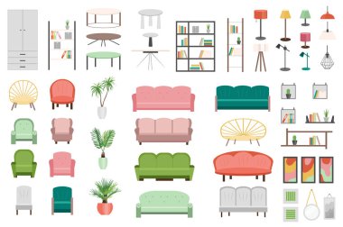 Furniture set graphic elements in flat design. Bundle of different tables, lamps, armchairs, plants, sofas, decor, chairs and other items for cozy home interior. Vector illustration isolated objects