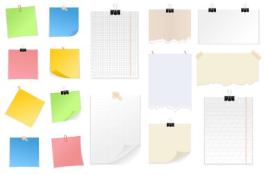 Note papers set graphic elements in flat design. Bundle of different types of notebook sheets, torn pieces of paper, colored stickers with tapes, pins or clips. Vector illustration isolated objects