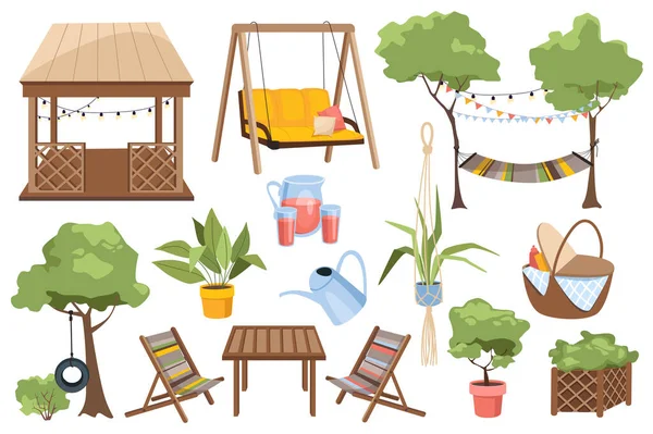 花园家具设置平面设计图形元素 玻璃杯 野餐篮 椅子等 矢量图解孤立物体 — 图库矢量图片