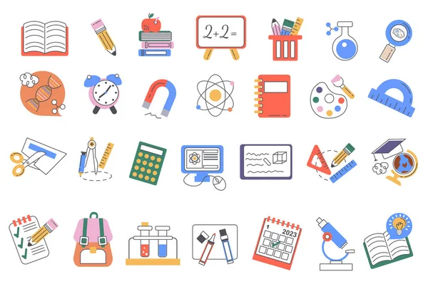 School Supplies Set Graphic Elements Flat Design Bundle Book Pencil — ストックベクタ