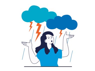 Mental health concept with character situation. Angry woman screaming in strong rage with clouds and thunderstorm, emotional problems. Illustrations with people scene in flat design for web