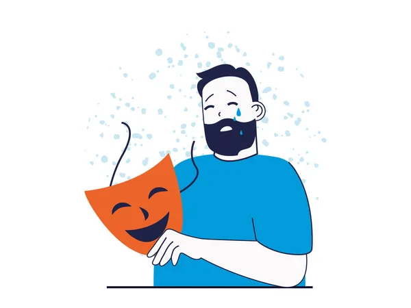 Mental health concept with character situation. Sad crying man wear smile mask to hiding his depressive feeling and emotion problems. Illustrations with people scene in flat design for web