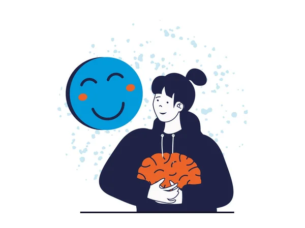Mental Health Concept Character Situation Happy Woman Hugs Brain Balance — Stock Photo, Image