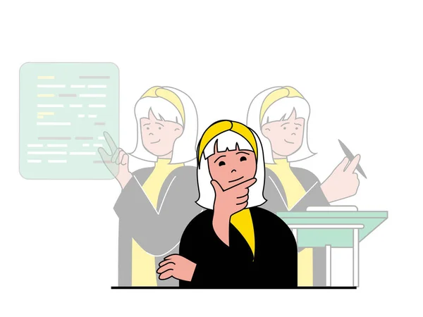 Productivity workplace concept with character situation. Woman thinks and analyzes work processes, optimizes strategy for doing tasks. Illustrations with people scene in flat design for web