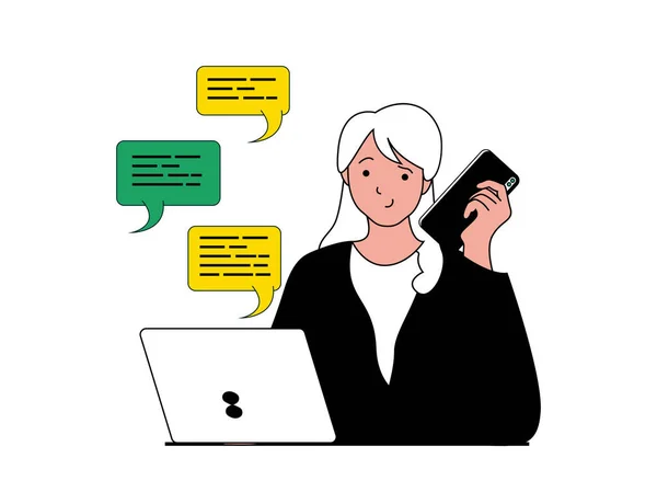 Productivity workplace concept with character situation. Woman chats online with employees, calls on phone and controls work processes. Illustrations with people scene in flat design for web