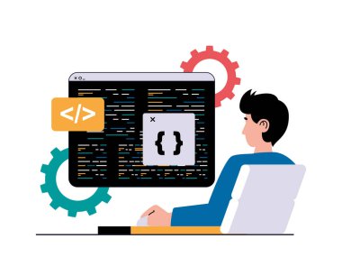 Karakter durumu olan yazılım konsepti programlanıyor. İnsan bilgisayarda çalışır, kod yazar, sayfalar ve programlar yaratır ve optimize eder. Web için düz tasarım içinde insanların sahne aldığı çizimler