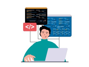 Karakter durumu olan yazılım konsepti programlanıyor. Dizüstü bilgisayarda program kodlarıyla çalışan bir adam, senaryoları ve mühendislik sürecini test ediyor. Web için düz tasarım içinde insanların sahne aldığı çizimler