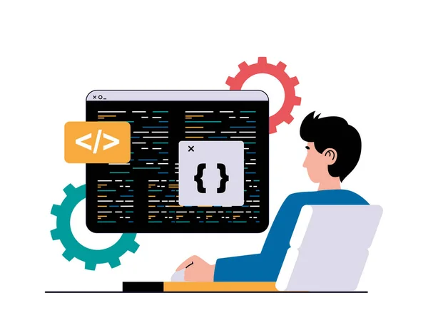 Programmering Software Concept Met Karakter Situatie Mens Werkt Computer Schrijft — Stockfoto