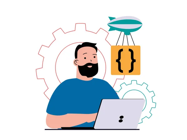 Programming software concept with character situation. Man working with program code on laptop, fixing bugs, testing and optimization. Illustrations with people scene in flat design for web
