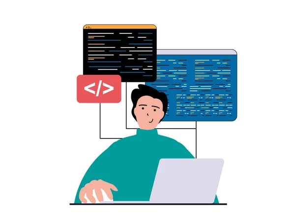 캐릭터 소프트웨어 개념을 프로그래밍 프로그램 코드를 노트북에서 작업하고 스크립트와 엔지니어링 — 스톡 사진
