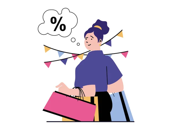 Shopping Concept Character Situation Woman Makes Lot Purchases Holds Bags — Stock Photo, Image