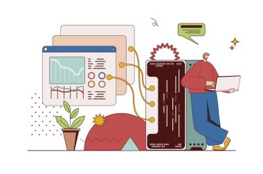 Düz tasarımda karakter durumuyla sunucu kavramı. Adam teknik destekte çalışıyor, dizüstü bilgisayardaki donanım donanımını koruyor ve izliyor. Web için insan sahnesi olan vektör illüstrasyonu