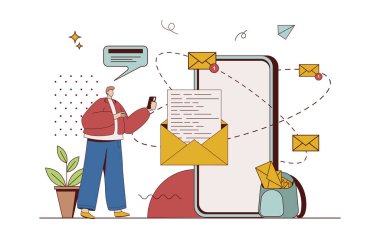 Düz dizaynlı karakter durumuyla mobil e-posta hizmeti kavramı. Promosyon postaları okuyan ve mobil uygulama kullanarak online mektuplar gönderen bir adam. Web için insan sahnesi olan vektör illüstrasyonu