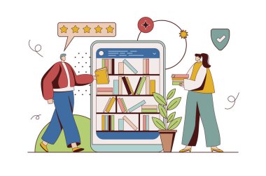 Çevrimiçi kütüphane kavramı ve düz dizaynlı karakter durumu. Erkek ve kadın e-kitap okuyor ve mobil uygulamalardaki kitapçılarda online kitaplar satın alıyor. Web için insan sahnesi olan vektör illüstrasyonu