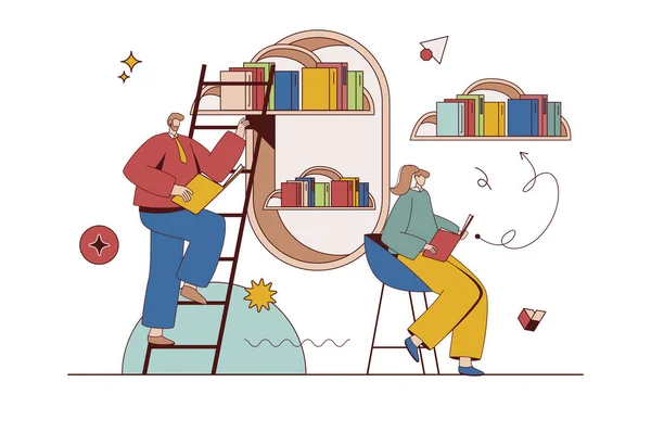 Концепція Хмарної Бібліотеки Обстановкою Персонажів Плоскому Дизайні Чоловік Жінка Читають — стоковий вектор