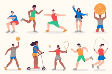 İnsanlar düz tasarımda fitness yapıyor. Erkekler ve kadınlar koşuyor, dambıl ve toplarla egzersiz yapıyorlar, halatla atlama, yoga asanaları. Bir sürü değişik karakter. Web için vektör illüstrasyonu izole kişiler