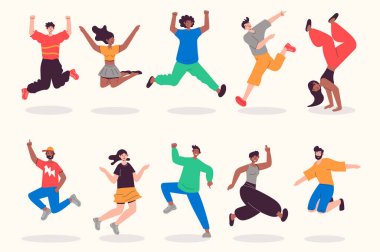 People jumping set in flat design. Happy men and women jump and celebrating at party and entertainment, winner expression. Bundle of diverse characters. Vector illustration isolated persons for web clipart