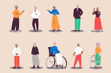 Yasli insanlar yasli tasarim yapiyor. Emekli kadınlar ve erkekler ayakta ve yürüyorlar, büyükbaba tekerlekli sandalyede, diğeri. Bir sürü çok ırklı karakter var. Web için vektör illüstrasyonu izole kişiler