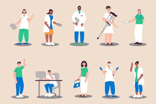 Personnel Médical Mis Dans Design Plat Hommes Femmes Travaillent Hôpital — Image vectorielle