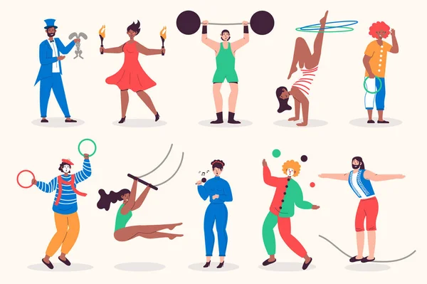 Люди Працюють Цирковому Дизайні Чоловіки Жінки Виступають Жонглери Акробати Клоуни — стоковий вектор