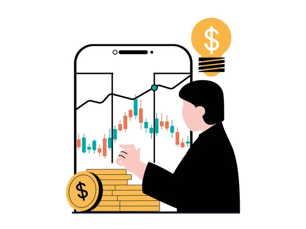 キャラクターの状況と株式取引の概念 人の貿易業者は株式交換でお金をもうける 投資し モバイルアプリを使用して市場を監視する ウェブのためのフラットデザインの人々のシーンとイラスト — ストック写真