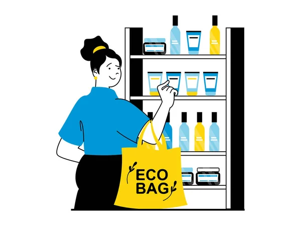 Zero Waste Concept Character Situation Woman Using Fabric Eco Bag — Stock Photo, Image