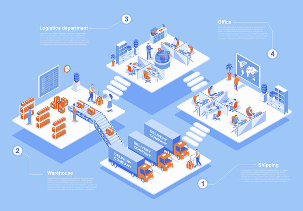 Delivery company concept 3d isometric web scene with infographic. People work in logistics department, workers loading boxes in warehouse for shipping. Vector illustration in isometry graphic design