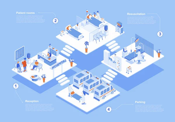 Sjukhuskoncept Isometrisk Webbscen Med Infografik Människor Väntar Receptionen Läkare Arbetar — Stock vektor