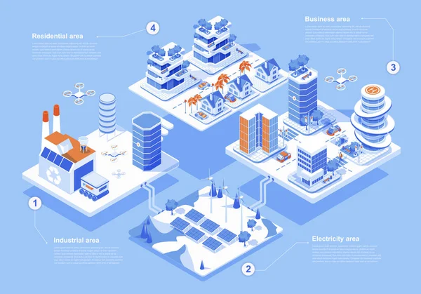 スマートシティのコンセプトインフォグラフィックと3Dアイソメトリックウェブの人々のシーン ビジネス 住宅地と都市インフラ アイソメトリーグラフィックデザインのベクトルイラスト — ストックベクタ