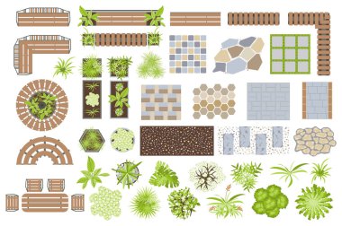 Mimari elementler düz tasarımda grafik elementler oluşturur. Yol, kiremitler, bitkiler, masa, sandalyeler, banklar ve bahçe haritası için diğer üst görüş alanı. Görüntü izole nesneler