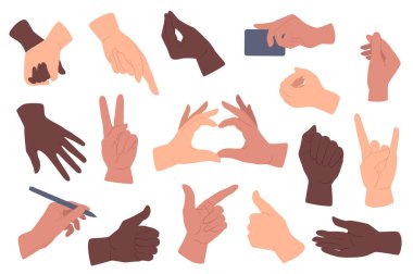 El hareketleri düz tasarımda grafik elementleri belirler. Kafkas ve Afro-Amerikan el ele tutuşan, işaret eden, kalbi gösteren, taş ve diğer jestler. Görüntü izole nesneler