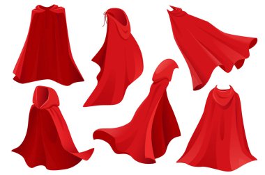 Süper kahraman kırmızı pelerin düz tasarımda grafik elementler oluşturur. Kumaş ipekten bir demet pelerin önde, yanda ve arkada uçuşan komik maskeli balo. Görüntü izole nesneler