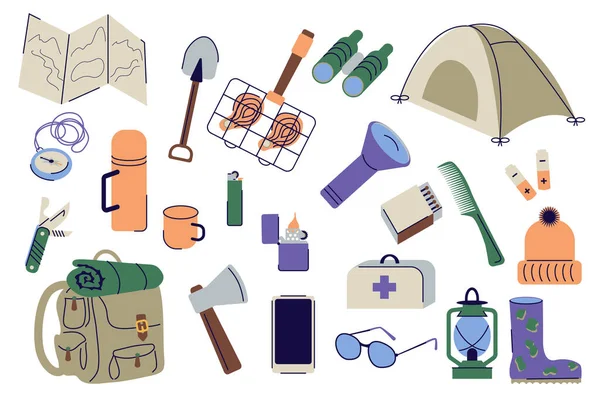Camping Set Graphic Elements Flat Design Bundle Map Shovel Grilled — Stock Photo, Image