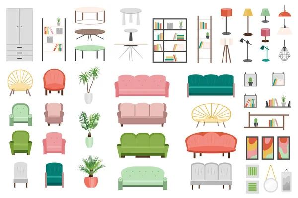 Furniture set graphic elements in flat design. Bundle of different tables, lamps, armchairs, plants, sofas, decor, chairs and other items for cozy home interior. Illustration isolated objects