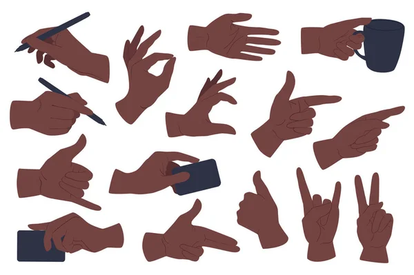 Hands gestures set graphic elements in flat design. Bundle of African American hands writing, holding cup, pointing, showing ok, like, rock, victory and other. Illustration isolated objects