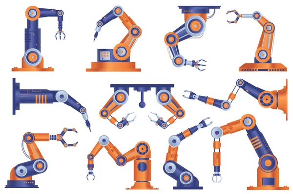 産業用ロボットアームは フラットデザインのグラフィック要素を設定します 組立工場のコンベアラインで作業するための自動ロボットマニピュレータの手の束 イラスト孤立オブジェクト — ストック写真