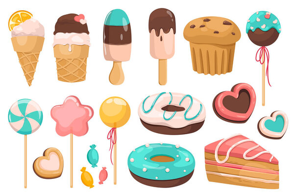 Конфеты и десерт настраивают графические элементы в плоском дизайне. Пакет мороженого, кекс, леденцы, печенье, пончики, кусок торта, candis и другие кондитерские изделия. Иллюстрация