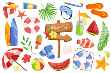 Yaz zamanı düz tasarımda grafik elementler belirler. Plaj işaretçisi, tropik yaprak, çiçekler, güneş kremi, denizyıldızı, can simidi, dondurma, sörf tahtası ve diğerleri. Vektör illüstrasyonu izole nesneler