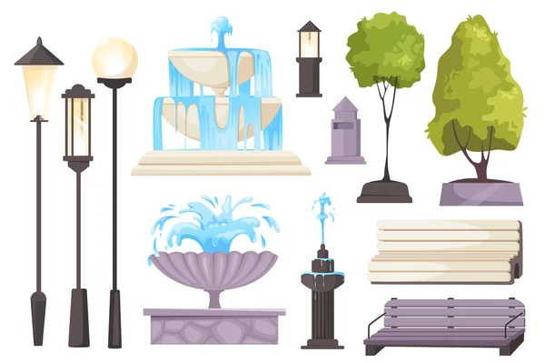 stock vector City park elements set graphic elements in flat design. Bundle of different types of street lamp and lanterns, fountains with water splashes, trees and benches. Vector illustration isolated objects