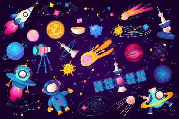 宇宙在平面设计中设置了图形元素 一群可爱的宇航员 宇宙飞船 小行星和其他飞行的天体 矢量图解孤立物体 — 图库矢量图片