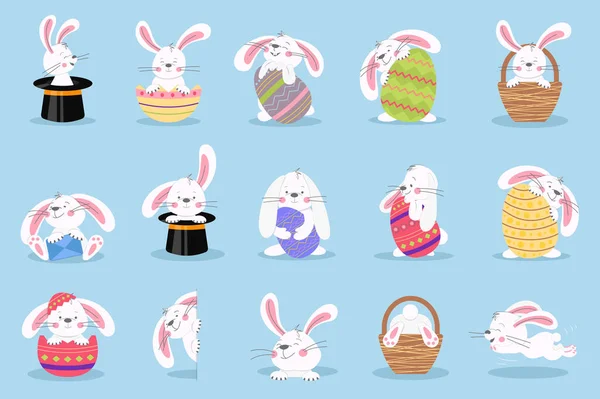 イースターバニーはフラットデザインのグラフィック要素を設定します さまざまなお祝いのパターンを持つカラフルな卵を保持するかわいい白いウサギの束は 黒い帽子やバスケットに座っています ベクトル図孤立したオブジェクト — ストックベクタ