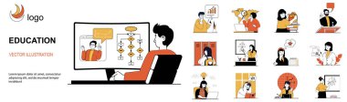 Karakter durumları koleksiyonu ile eğitim kavramı. İnsanlar internetten öğreniyor, sınava hazırlanıyor, derslerde öğretmenlik yapıyor, üniversite diploması alıyor. Düz web dizaynında vektör çizimleri