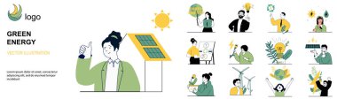 Karakter durumları koleksiyonu olan yeşil enerji kavramı. Alternatif enerji kaynaklarını kullanan ve doğa ve ekolojiyle ilgilenen bir sürü insan. Düz web dizaynında vektör çizimleri
