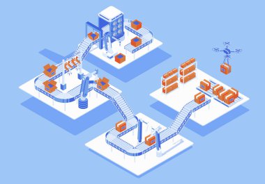 Otomatik endüstri konsepti 3d izometrik web insan sahnesi. Montaj bandında çalışan robot kollar, tasnif ve paketleme, insansız hava aracıyla sevkiyat. İzometri grafik tasarımında illüstrasyon