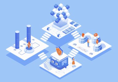 Şifreli döviz piyasası konsepti 3 boyutlu izometrik web sitesi. İnsanlar soyut kripto çiftliğinde çalışır ve ticaret yapar. Platformda zincir teknolojisi engeller. İzometri grafik tasarımında illüstrasyon